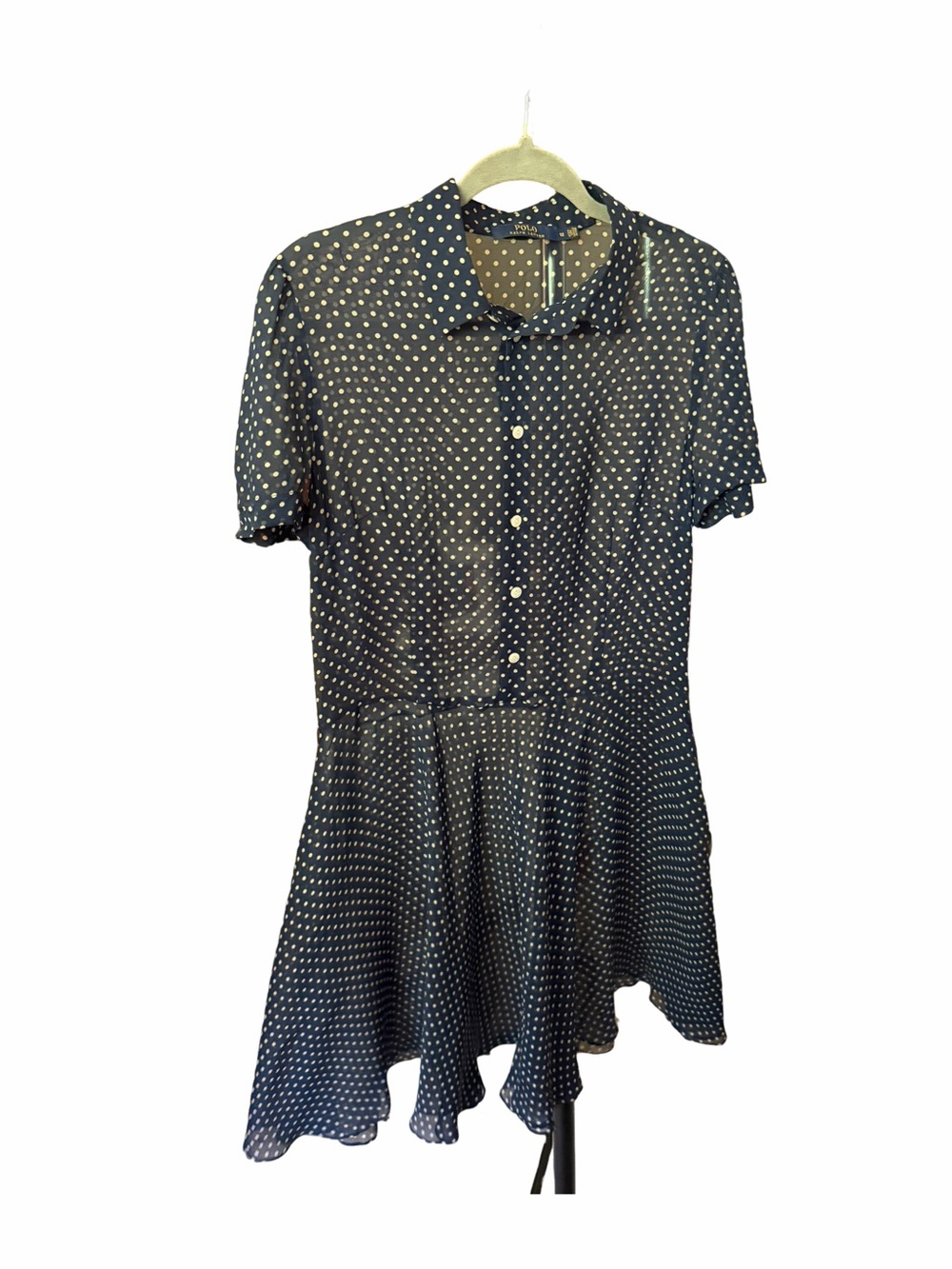 Polo by Ralph Lauren Sheer Navy and White Polka Dot 100% Silk Dress - Picture 3 of 6